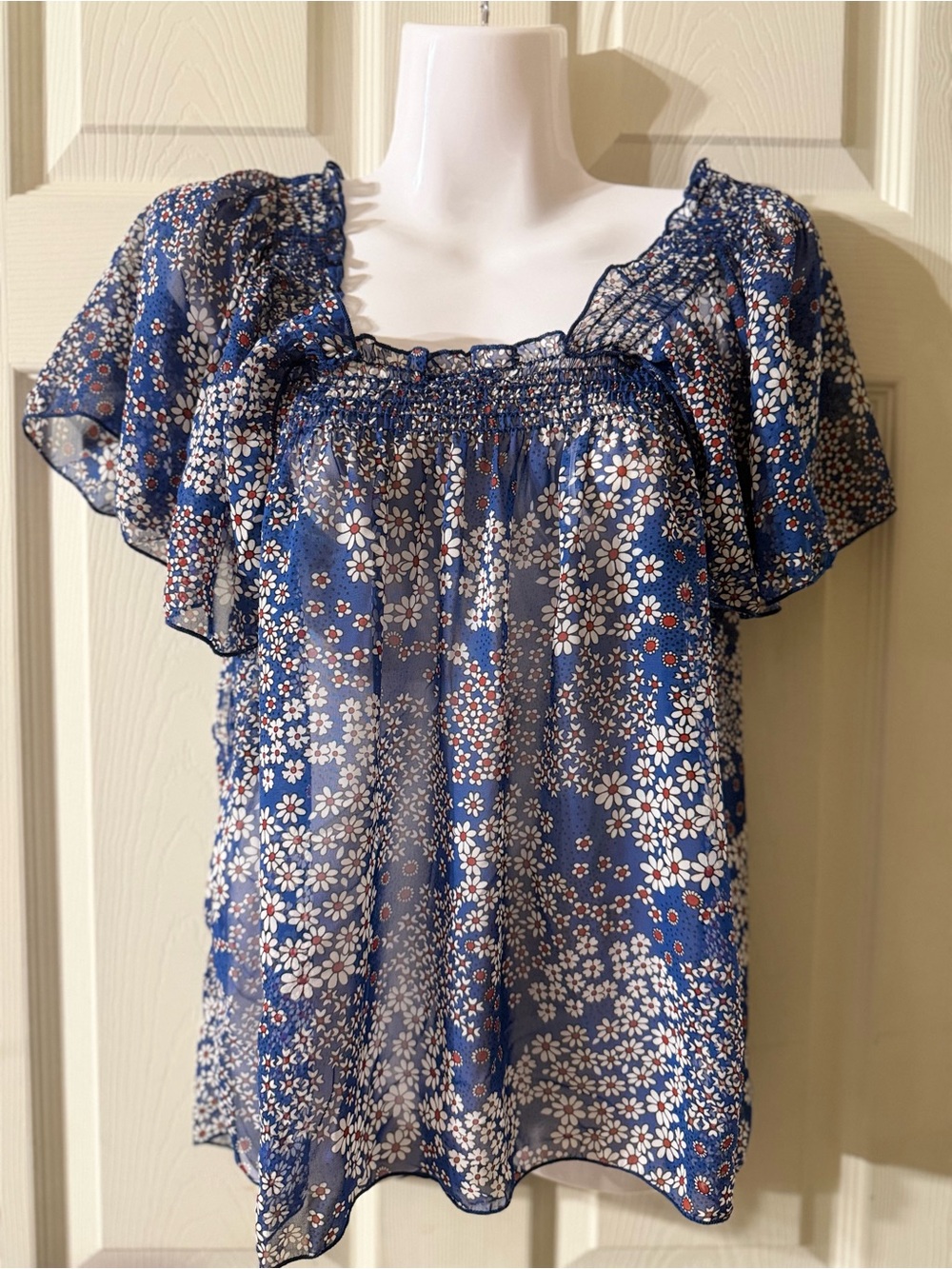 Blue Floral Smocked Square-Neck Blouse